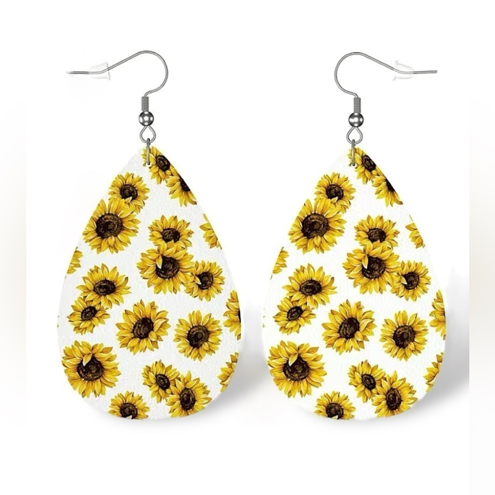 Sunflower Faux Leather Tear Drop Earrings 🌻
